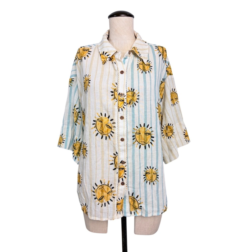 Anthropologie Sun Face Striped Linen Blend Button Down Shirt‎ Blue Yellow Small